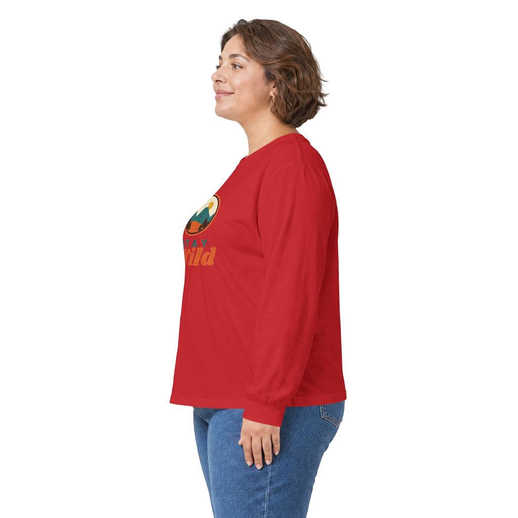 Stay Wild Mountain Long Sleeve Tee — Retro Outdoor Graphic”.