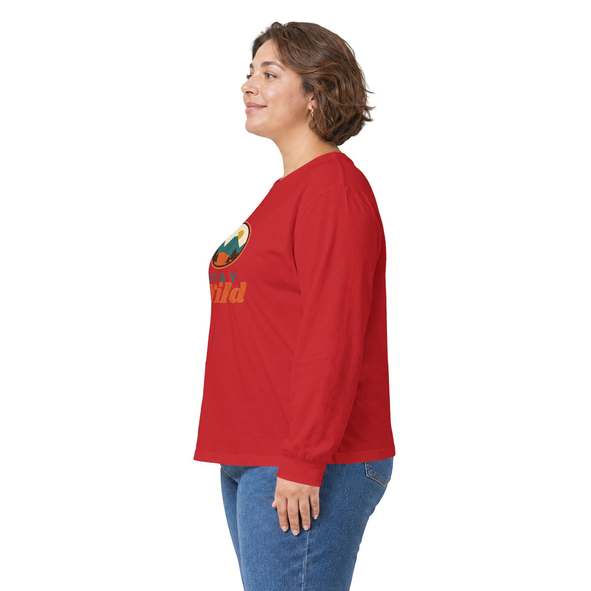 Stay Wild Mountain Long Sleeve Tee — Retro Outdoor Graphic”.