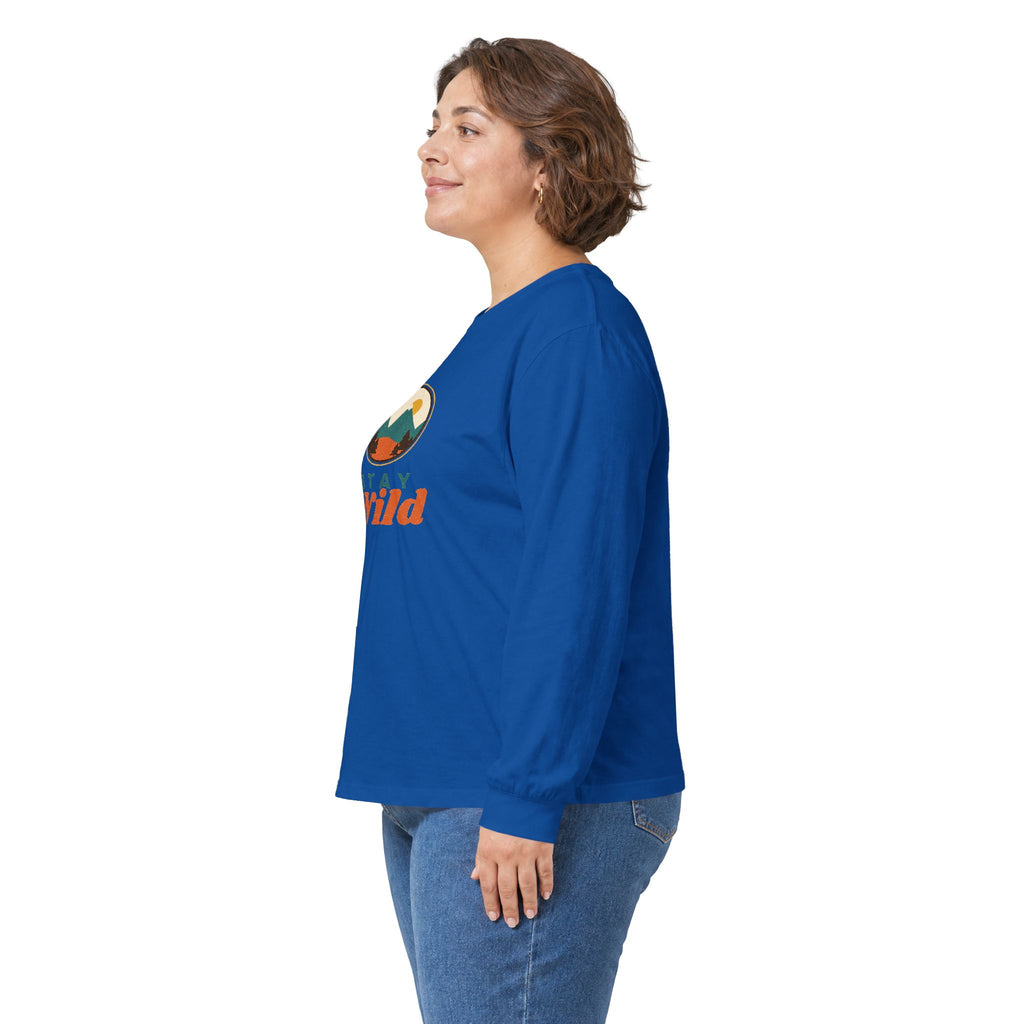 Stay Wild Mountain Long Sleeve Tee — Retro Outdoor Graphic”.